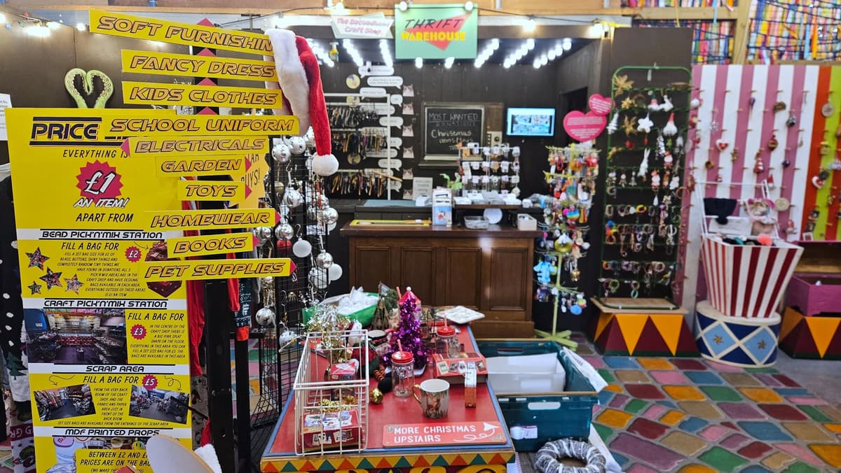 Second hand toys and homeware inside the Thrift Warehouse, Marsh Barton, Exeter